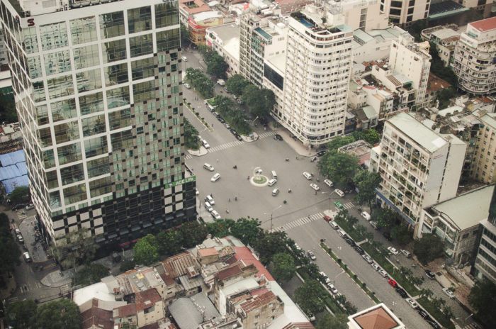 Aerial view over the traffic in Ho Chi Minh City Vietnam taken by Milie Del