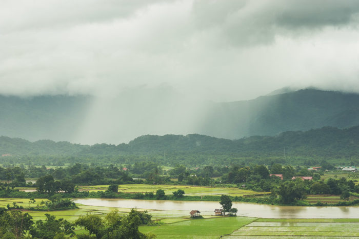bambou hut and rice field and rain coming near Vang vieng in Laos taken by Milie Del