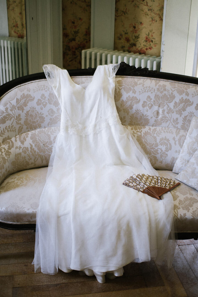 white wedding dress armachair Louis XVI bridal prep
