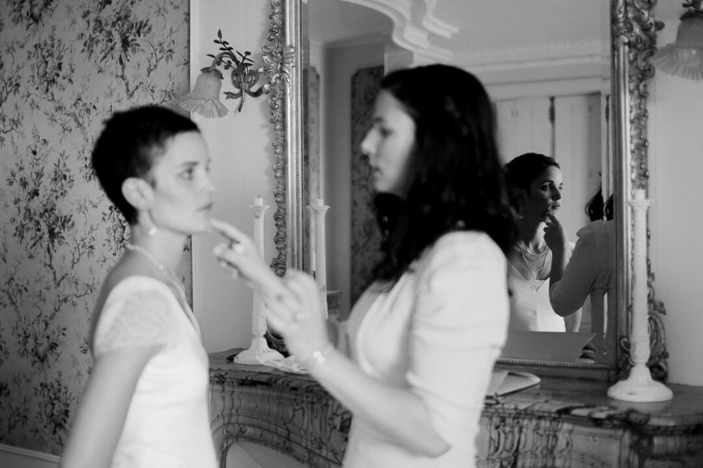 bride and maid of honor bridal prep modern wedding