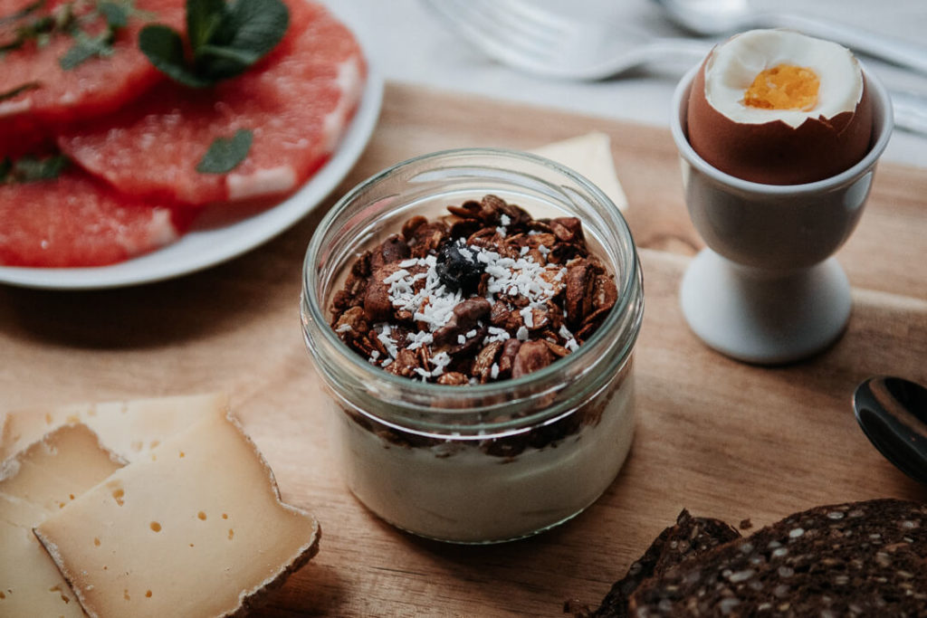 breakfast at le shelter morning light granola egg