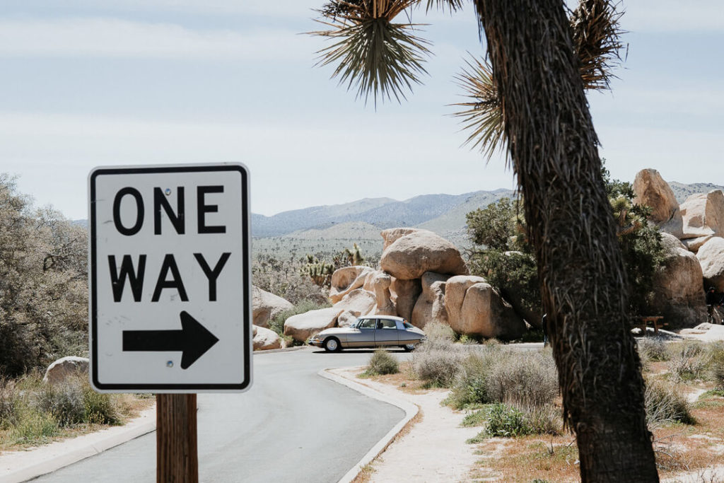 one way vintage car joshua trees desertsCalifornia