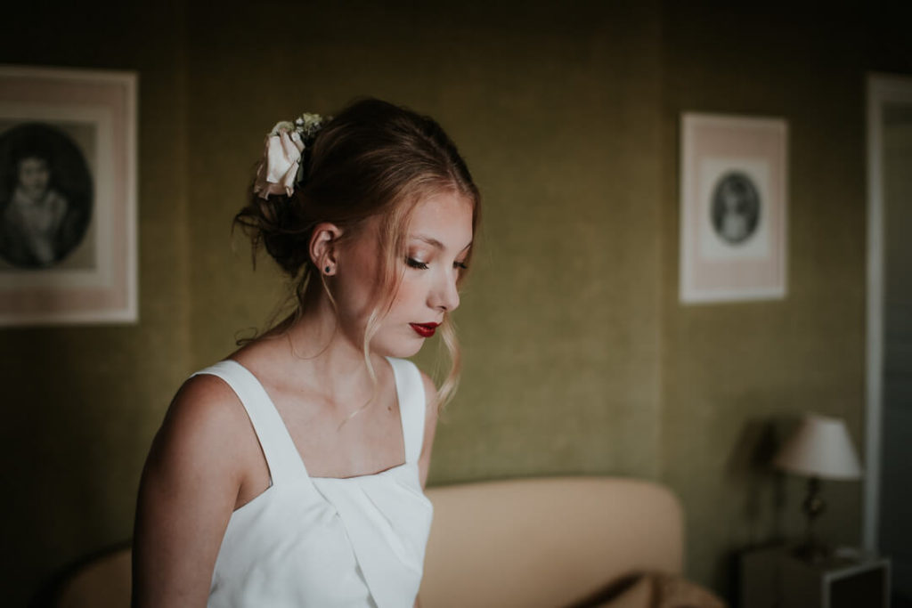 boho wedding red lipstick girl flower hair