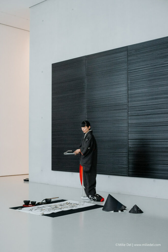 Japanese artist Yukako Matsui during Pierre Soulages tribute by photographer Milie Del