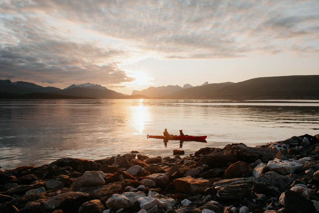 un kayak et un chien regardant le coucher de soleil à Tromso