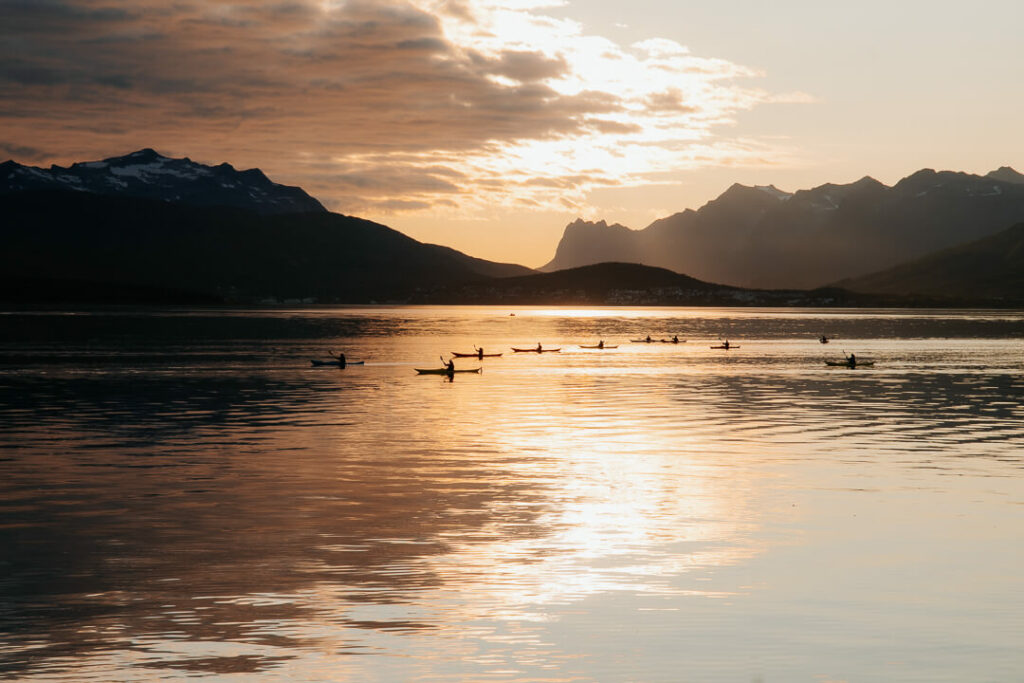 Kayaking in Tromso Norway at sunset